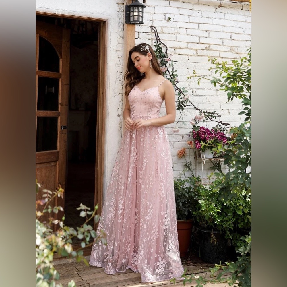 Light pink bridesmaid dress with floral embroidery